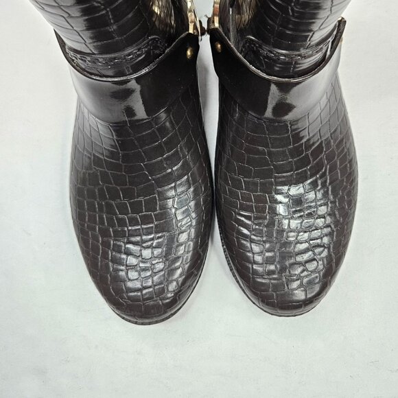 Michael Kors Rain Booties Dark Brown Croc Embossed Equestrian Rubber Rainboot - Picture 3 of 13